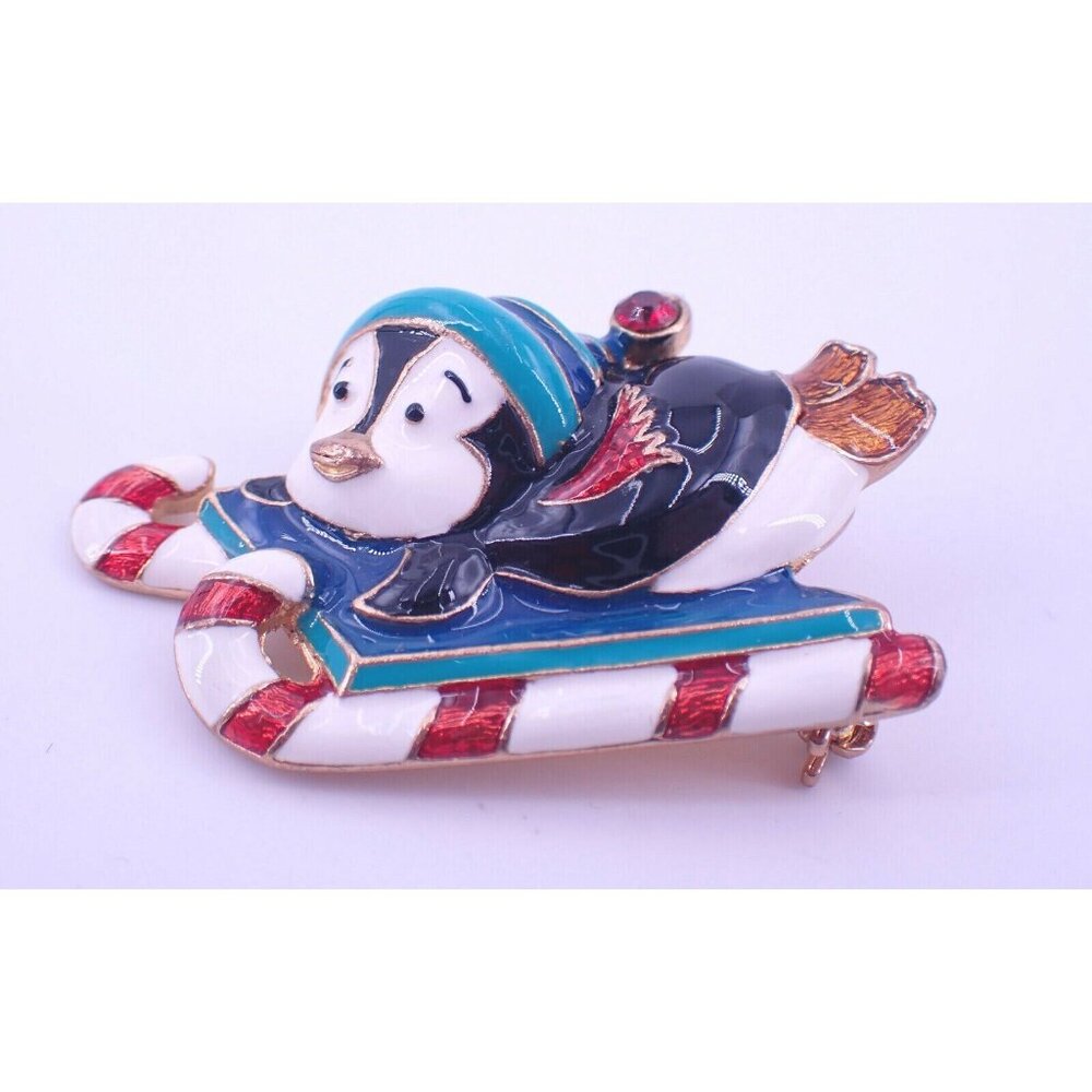 Christopher Radko Penguin on Sled Christmas Brooch
